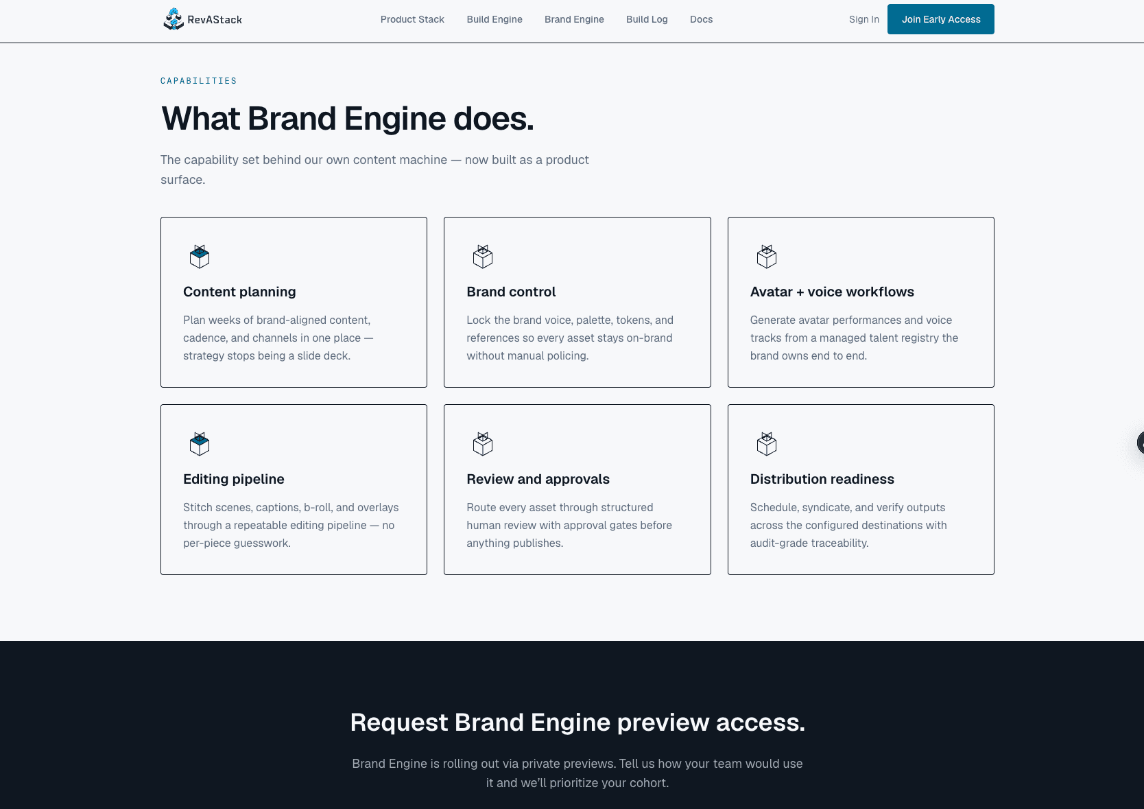 Brand Engine product page listing its capabilities — content planning, brand control, avatar and voice workflows, editing pipeline, review and approvals, and distribution readiness