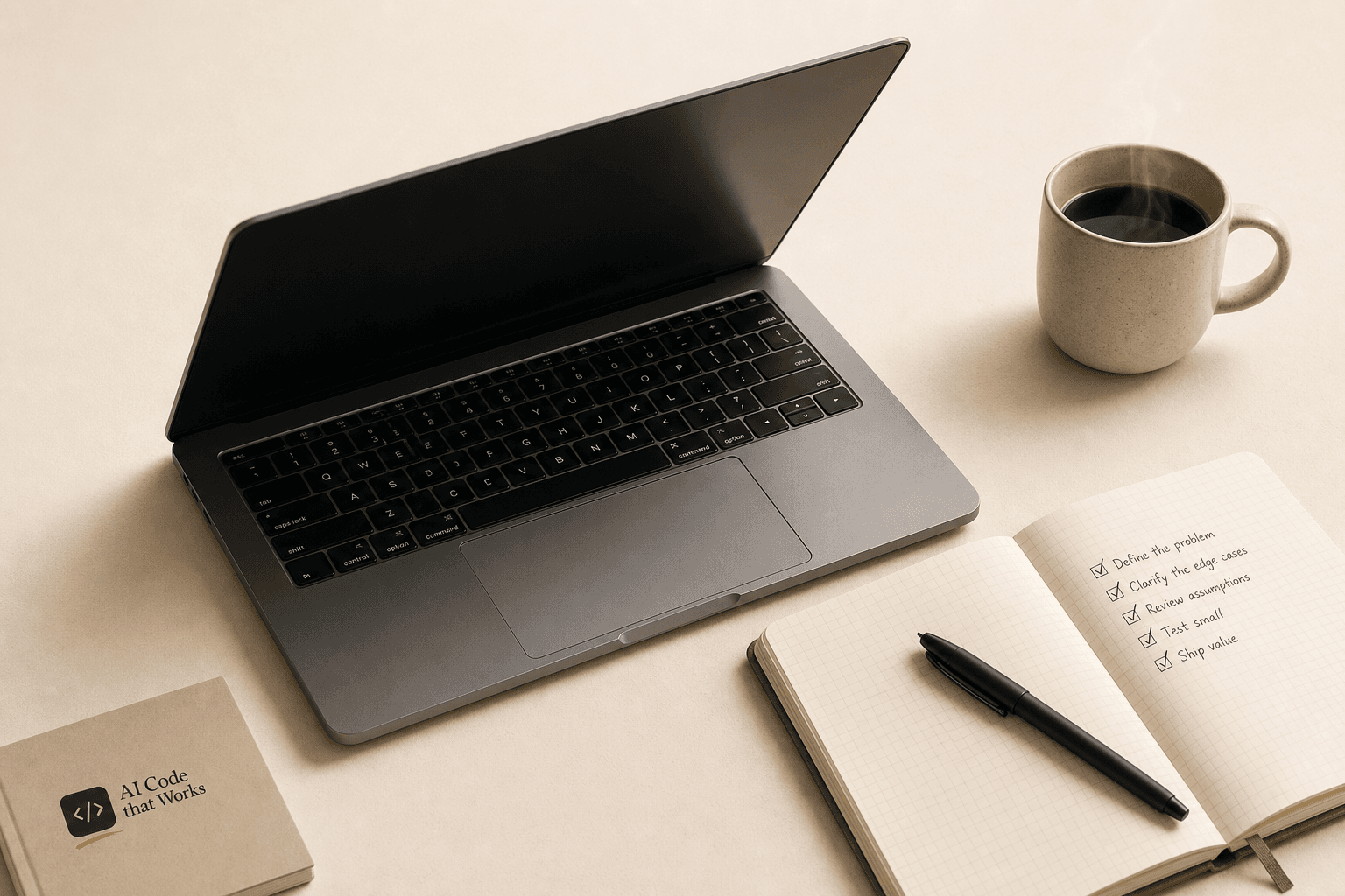 Laptop, open notebook, and pen on a paper surface — the tools of someone shipping software with AI using a structured system