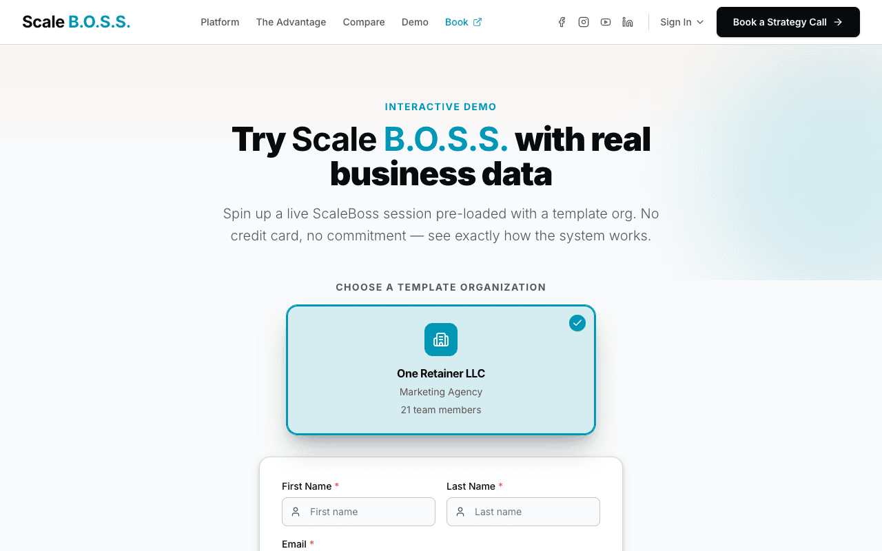 Screenshot of the Scale B.O.S.S. interactive demo landing page