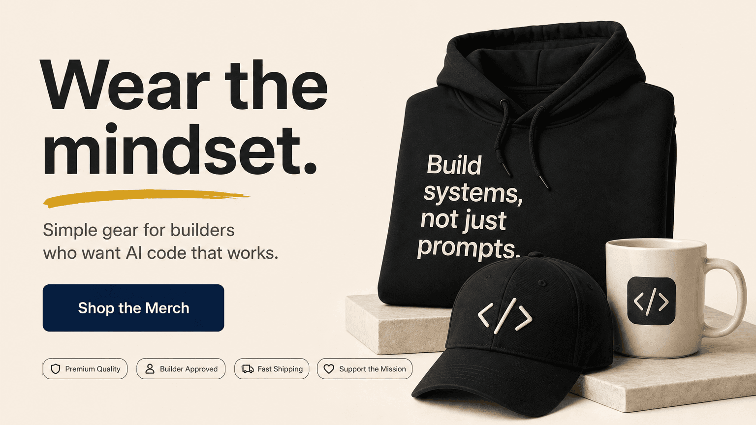 AICTW merch — hoodie, hat, mug, desk mat on a paper-cream workbench