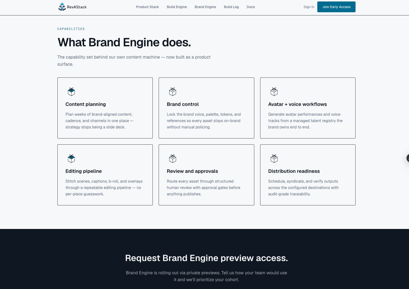 A screenshot of the RevAStack Brand Engine — the in-production Brand Engine app showing its What-Brand-Engine-does overview: content planning, brand control, avatar and voice workflows, editing pipeline, review and approvals, and distribution readiness