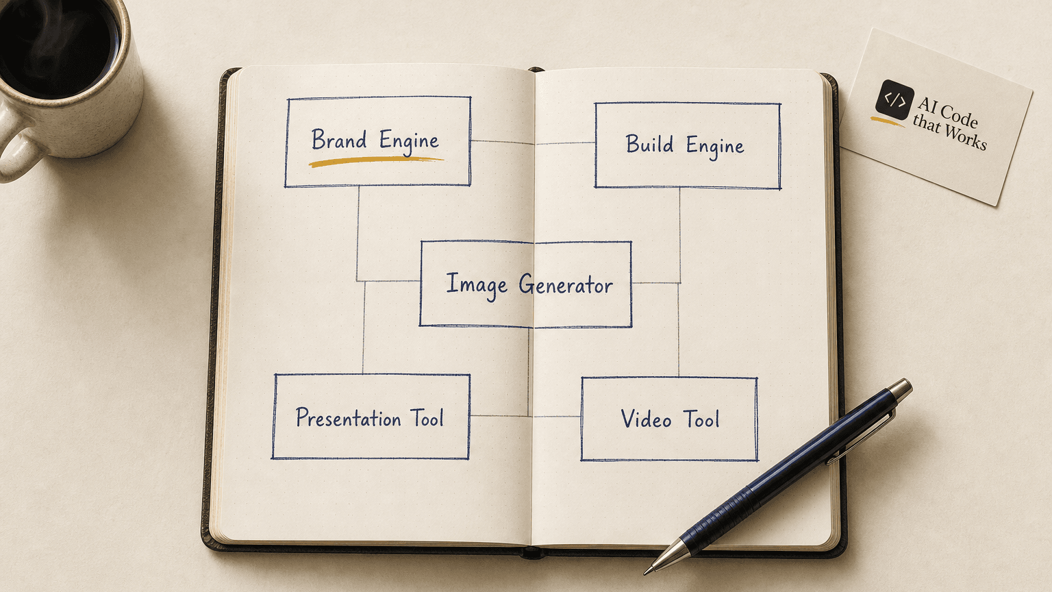 A planner's notebook spread showing the five RevAStack products mapped as a connected family — Brand Engine, Build Engine, Image Generator, Presentation Tool, Video Tool