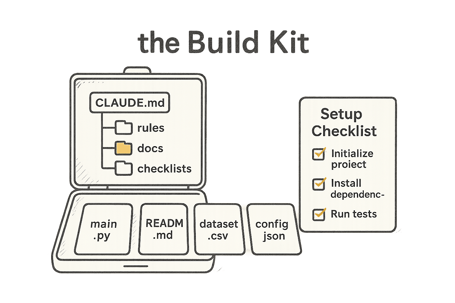 The Build Kit — a working scaffold of CLAUDE.md, rules, documentation, checklists, and starter files laid out as an organized project folder